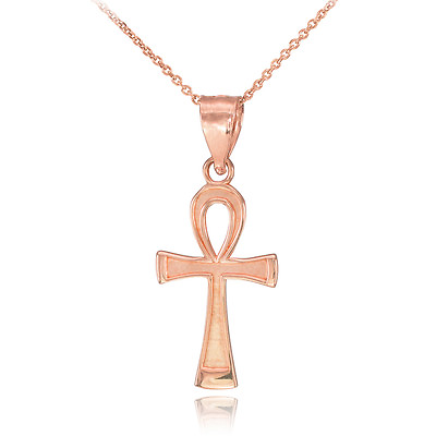 #ad Solid 14k Rose Gold Ankh Cross Charm Necklace