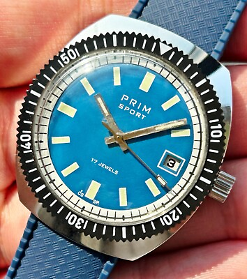 #ad PRIM Sport 2 Vintage Mens Mechanical Watch With Rare Blue Dial from 1970s