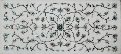 #ad 48quot; x 24quot; White Marble Table Top Marquetry Pietra Dura Handmade Home Furniture