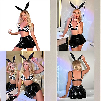 #ad Womens Set Three Piece Outfits Bras Tops Costumes Patent Leather Outfit Cosplay