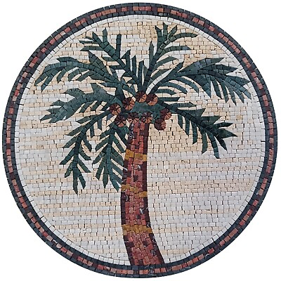#ad Handmade Round Bordered Palm Tree Mosaic Medallion