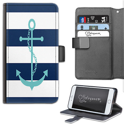 #ad Navy Blue And White Stripe Anchor PU Leather Wallet Phone Case;Flip Case