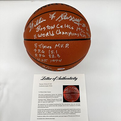 #ad Bill Russell Full Name Signed Heavily Inscribed STAT Basketball #9 11 PSA DNA