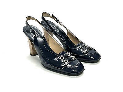 #ad Tods Sling Back Pumps Shoes Womens Size 6.5 Navy Blue Patent Leather