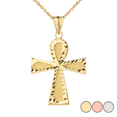 #ad Solid Gold Sparkle Cut ankh Cross Pendant Necklace In Yellow White Rose