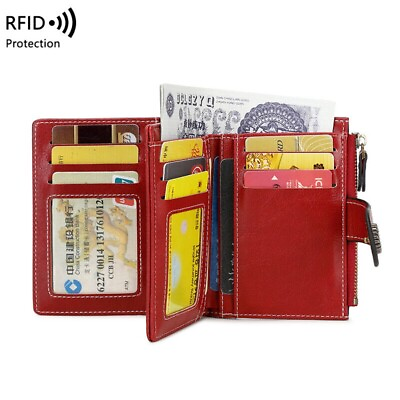 #ad Small Wallet Women Genuine Leather Bifold Purse RFID Blocking ID Card Holder Bag