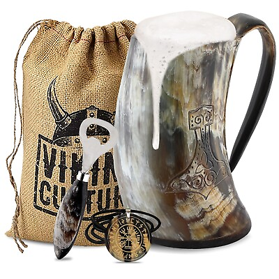 #ad Viking Culture Ox Horn Mug Norse Pendant amp; Bottle Opener Polished Thors Hammer