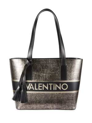 #ad Valentino by Mario Valentino Prince Logo Adorned Textured Leather Tote Pewter