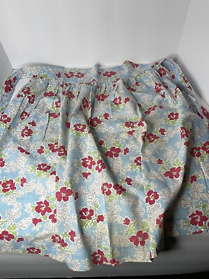 #ad Vintage Half Apron Light Faded Blue With Red Flowers Retro Granny Core