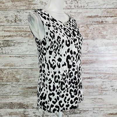 #ad CALVIN KLEIN Black White Leopard Printed Sleeveless Jewel Neck Top Size XS