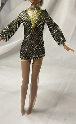 #ad Vintage Barbie Clone Maddie Mod Gold Black Metallic Mini Dress Sheer Stockings