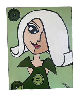 #ad Original Green Acrylic Painting on Wood #x27;The Little Button Girl#x27; by Holly Nelson
