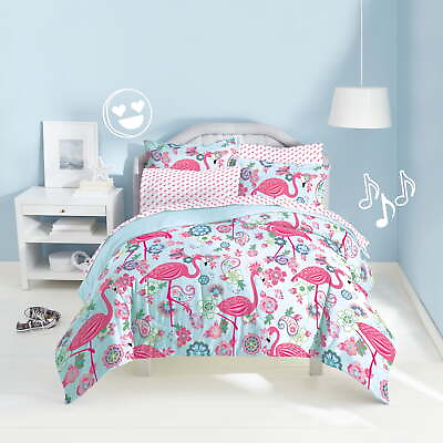 #ad Flamingo Twin 5 Piece Comforter Set Polyester Microfiber Pink Child