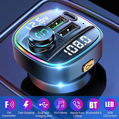 #ad Bluetooth 5.0 Car Wireless FM Transmitter Adapter USB PD Charger AUX Hands Free
