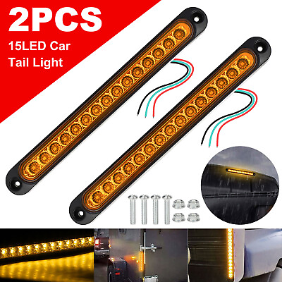 #ad 2pcs Amber 15 LED Sealed Strip Truck Trailer Rear Stop Tail Turn Brake Light Bar