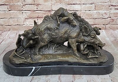 #ad Art Deco Farm Decor Happy Pig Boar Wild Dog Dogs Bronze Sculpture Marble Figure