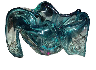 #ad VINTAGE ART GLASS ASHTRAY BOWL Turquoise Decor DISH Wave Ripple Three Point