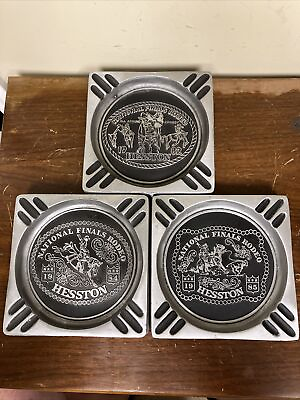 #ad 3 Vintage 7quot; Square Hesston National Finals Rodeo Ashtray Aluminum 1980s Plaques