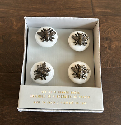 #ad Set Of 4 Drawer Pulls Knobs Home Decor White Handcrafted Ceramic Bumblebee
