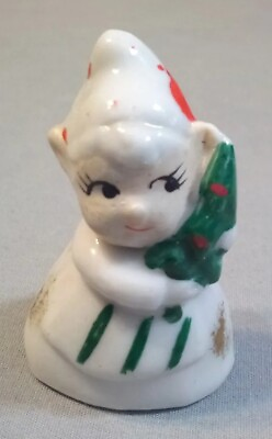 #ad Vintage Japan White Porcelain Mrs Claus Elf 1950s Christmas Apron Hat Slot