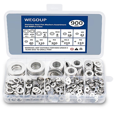 #ad 900 Pcs 304 Stainless Steel Flat Washers Assorted Size M2 M12 for Screws amp; Bolts