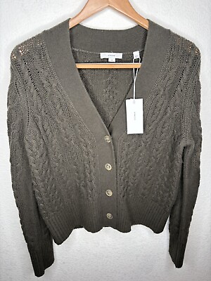 #ad VINCE Olive Green Cable Cardigan Sweater Wool Cashmere Size L New