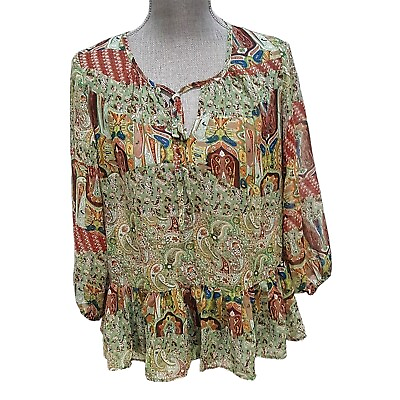 #ad PPLA CLOTHING Women#x27;s Green Multi Printed 3 4 Sleeve Top Size Small NWOT