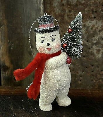 #ad Paper Mache Frosty Snowman Vintage Style Mica Snow w Bottle Brush Tree Ornament