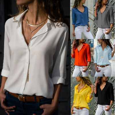 #ad Women#x27;s Chiffon Long Sleeve Button Down Shirt Blouse V Neck Tops S 5XL