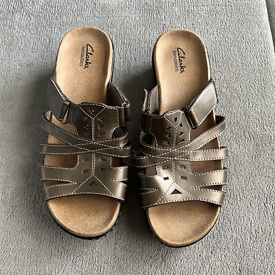 #ad Clarks Bendables Gold Pewter Slide Size 11 XW Leather Sandals New