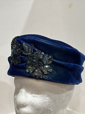 #ad Ferne Michael Original Runway Velvet Blue Millinery Sequin Church Lady Hat 1940s