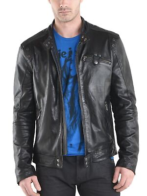 #ad New Leather Jacket Mens Biker Motorcycle Real Leather Coat Slim Fit Black #1270
