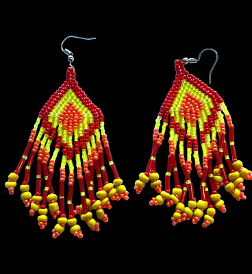 #ad Fashion Seed Bead Earrings long dangling strands red orange yellow