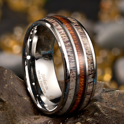 #ad 10mm Silver Tungsten Ring Men Wedding Band ATOP Jewelry amp; Deer Antler Koa Wood $24.99