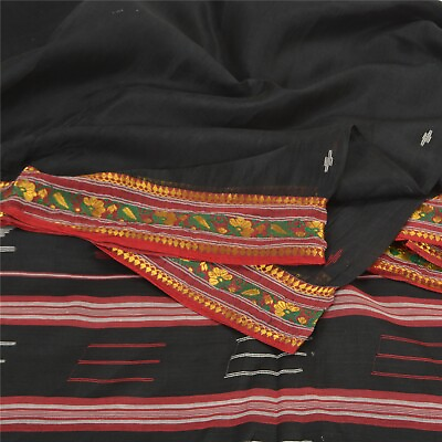 #ad Sanskriti Vintage Black Sarees Cotton Silk Hand Woven Tant Special Sari Fabric