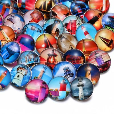 #ad 50pcs lot 18mm Snap Button Lighthouse Theme Glass Charms For Snap Jewelry HM038