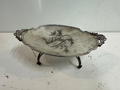 #ad Antique Racine Silver plate Oval Footed Trinket Dish 1014