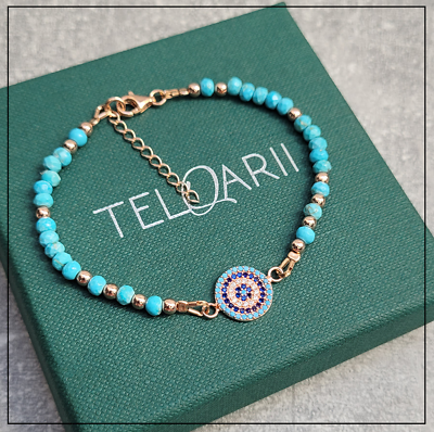 #ad Turkish gold plated Evil Eye bracelet with natural turquoise stone 925 Silver