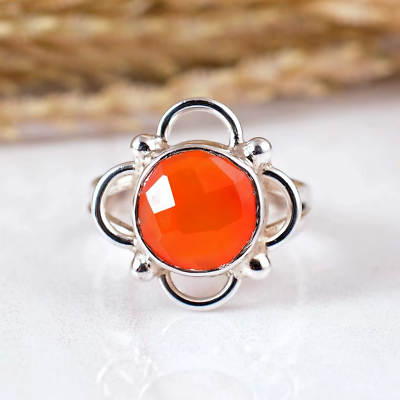 #ad Round Faceted Carnelian Gemstone Ring 925 Sterling Silver Boho Ring Gift For Her