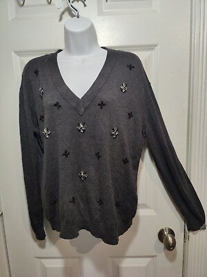 #ad Hamp;M Gray V Neck Lightweight Embellished Clear Black Rhinestone Sweater M $21.60