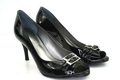#ad Antonio Melani Keena Womens Black Patent Leather Peep Toe Heels Buckle Sz 8.5 M