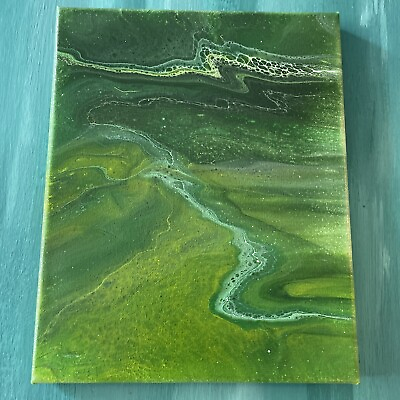 #ad Green Yellow Abstract Acrylic Pour Fluid Art Painting 8 X 10 canvas original