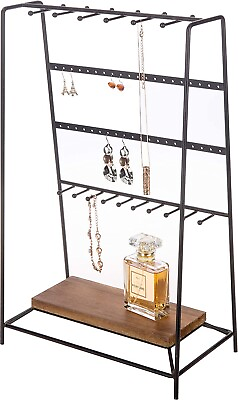#ad Brown Wood amp;Modern Black Metal Jewelry Display Stand Earrings Storage Organizer