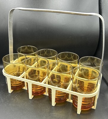 #ad Mid Century Modern MCM Libbey Amber Glasses Vintage w Carrier Set Of 8