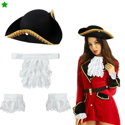 #ad Colonel Style Novelty Costume Tricorn Cap Pirate Hat Victorian Lace JabotCuffs