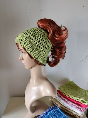 #ad Light Olive handmade crochet messy bun hat Ponytail beanie Jogger gift Dark Lime
