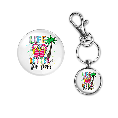 #ad LIFE BETTER FLIP FLOPS Beach Tropical Silver Keychain Large Option Carabiner