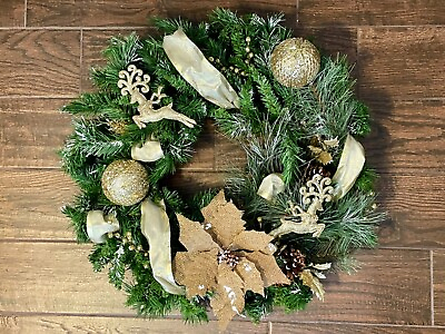 #ad 24” Christmas Wreath Holiday Decor Gold amp; Burlap Reindeer Poinsettia