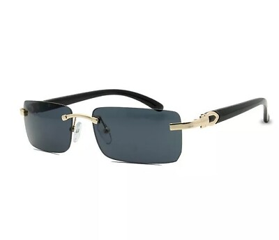 #ad Black Tint Mens Rectangle Luxury Hip Hop Fashion Gold Frame Rimless Sunglasses