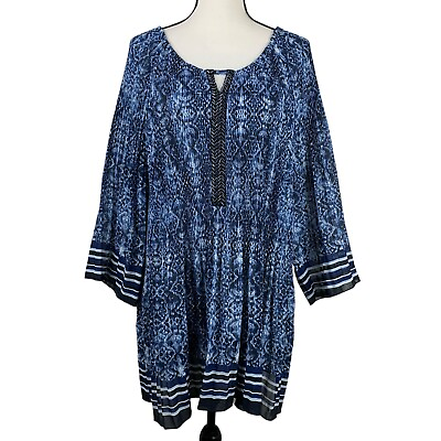 #ad Catherines Women#x27;s Tunic Top 2X 22 24W Blue 3 4 Sleeve Crinkle Beaded Blouse